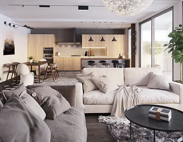 living room, kitchen.