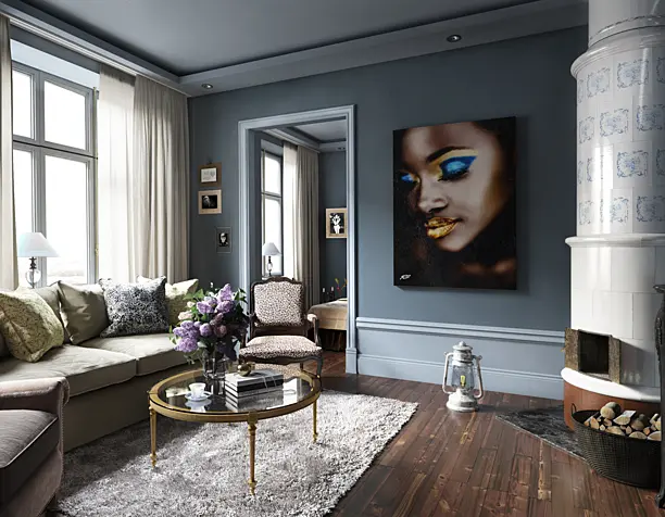 The dark interior of the living room