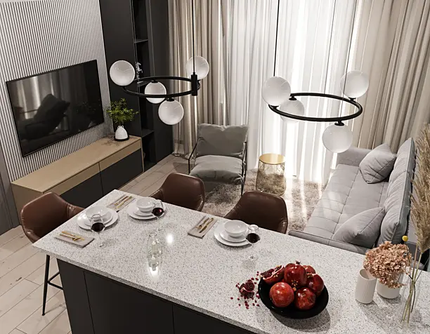 Living room with kitchen.