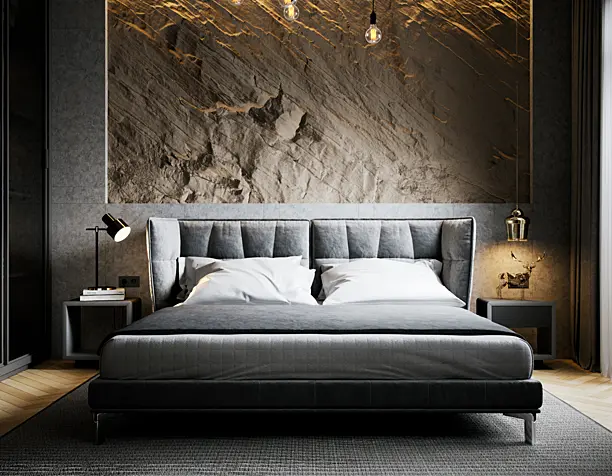 Cпальная комната с имитации камня на стене/Bedroom with imitation stone on the wall