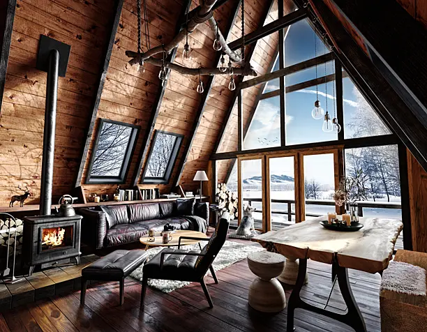 Cabin house in winter . Interior visualization ( Визуализация интерьера )