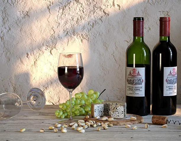 Still life with wine, cheese and grapes
