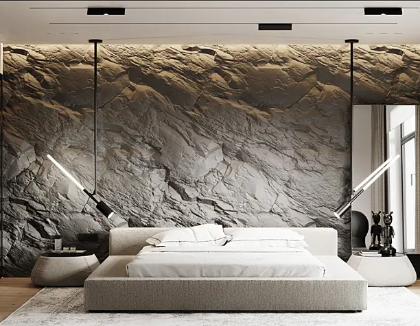 Bedroom with a rock