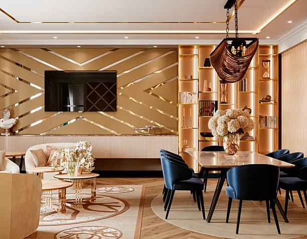 Interior design of Luxury studio apartment with big kitchen.