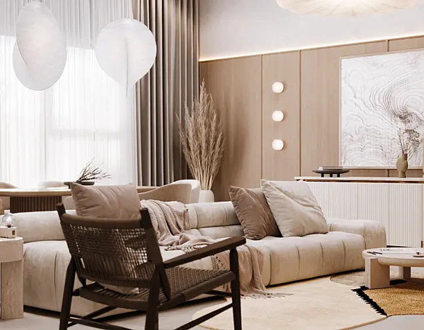 Living room in light colors and natural materials