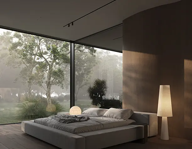 Minimalistic bedroom in forest