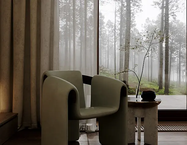 Bedroom design using natural wood and accents in olive color