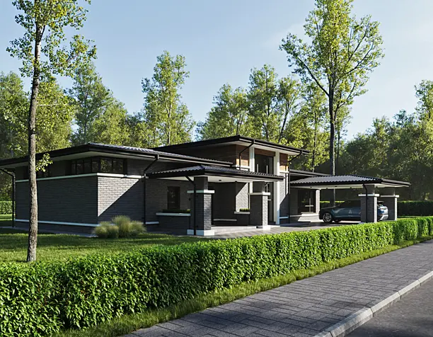 HOUSE IN WRIGHT STYLE. ARCHITECTURE AND RENDERING