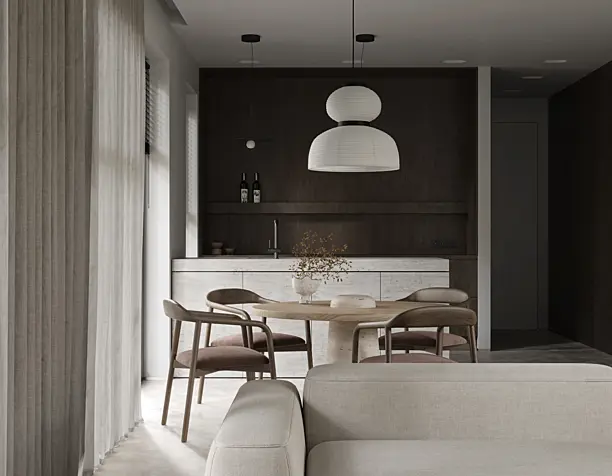 Visualization. Minimalistic interior with Japandi style elements