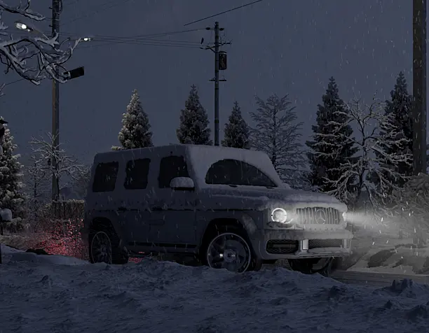 snowy road at night