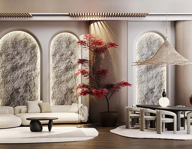Дизайн-проект гостиной-столовой в стиле Ваби-Саби / Living-dining room design project in Wabi-Sabi style