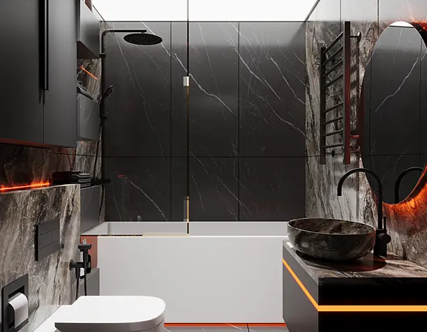 Modern Bathroom in Dark Tones with Neon Lighting