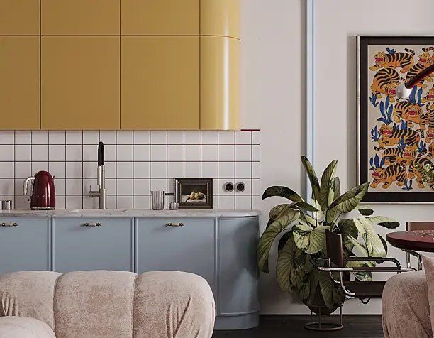 Kitchen and living room in a studio