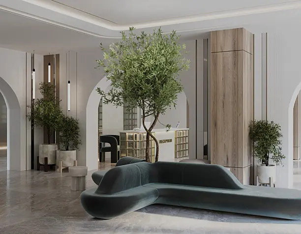 3D visualization of the reception area in a biophilic design