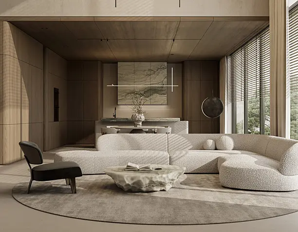 Warm Minimalist Living Room & Kitchen