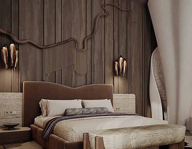 Bedroom with rock elements