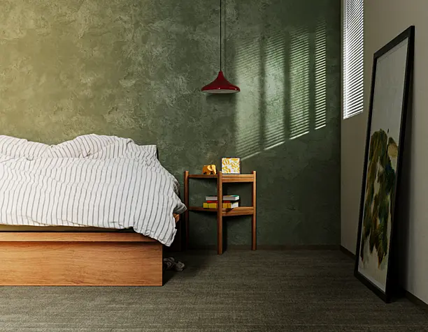 Olive & red. Cozy bedroom.