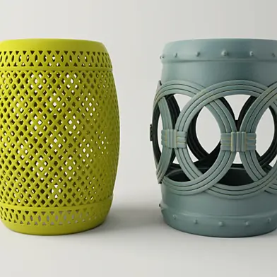Blue and yellow garden stools