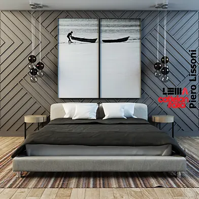 Bed by Piero Lissoni. Bedside table LEMA. Lamp APOLLO by Cattelan Italia