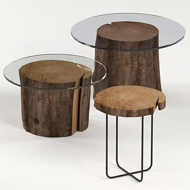 Набор тёмных стеклянных столиков из пней и слэба.
