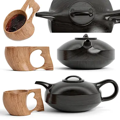 wood cup and teapot