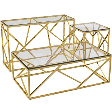Moneen Glass and Stainless Steel Gold Coffee Table Set 3 in 1