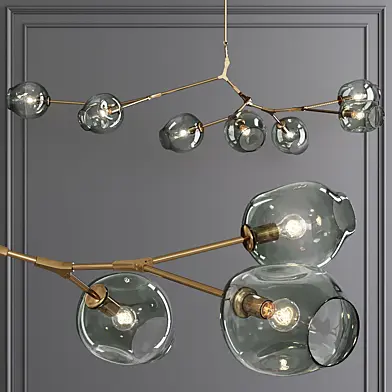 7-globe Branching Bubble Brushed Brass and Dark Green Glass