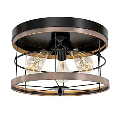 Fairforest 15.75 in. 3-Light Matte Black Flushmount with Aged Oak Accents