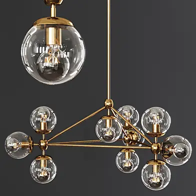 Modo 3 Sided Chandelier 10 Globes Brushed Brass and Clear Glass