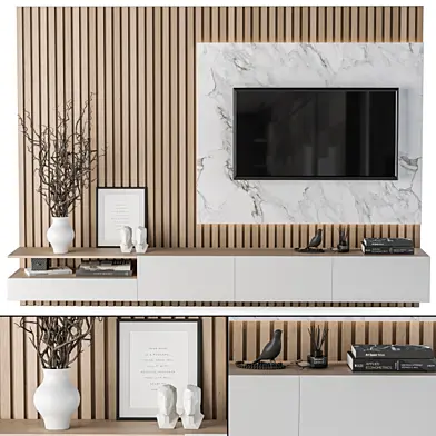 TV Wall White Marble and Wood - Set 06