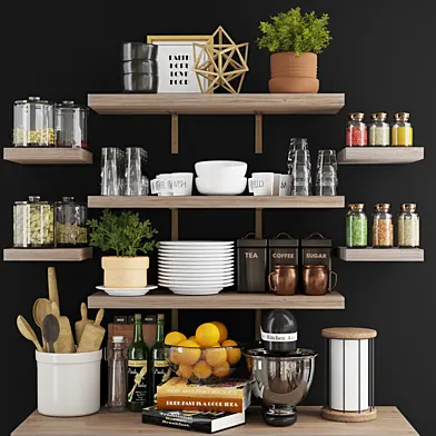 Kitchen accessories on wood shelves