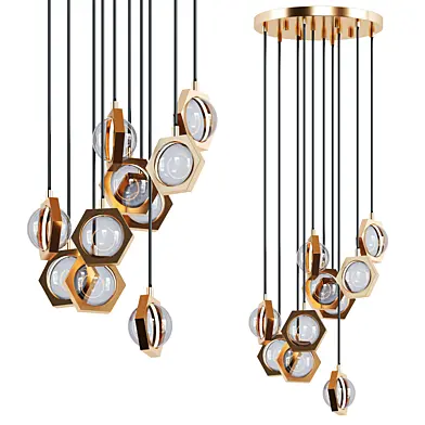 A ready-made combination of pendant lamps with shades of solid crystal spheres in metal hexagons