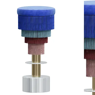 Deja Vu Blue and Pink Stool with 24-Karat Gold-Plated Metal and Velvet Fringes