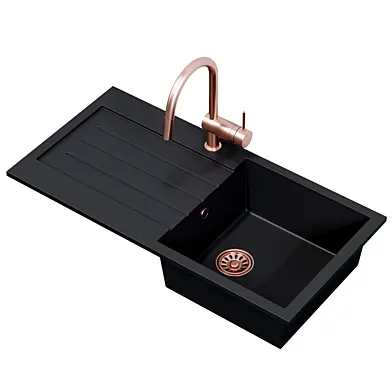 Venice 1.0 Bowl Matt Black Composite Kitchen Sink + Chrome Waste