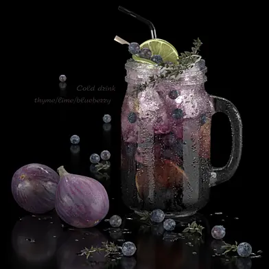Cold drink. Thyme/lime/blueberry
