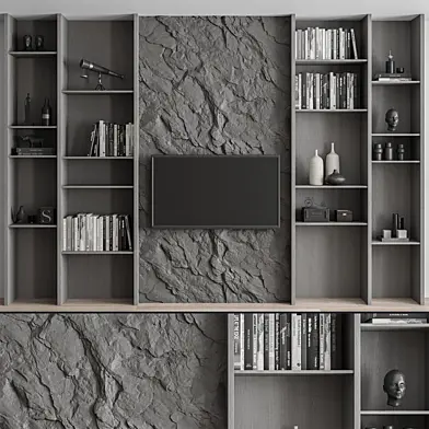 TV Wall Gray Wood and Rock Wall - Set 38