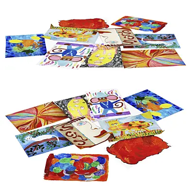 Pack of children's drawings in gouache for children`s room decor