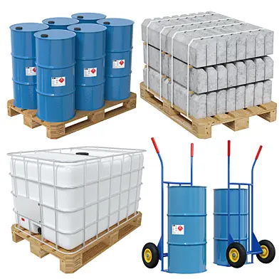 A set of pallets with different cargo and a trolley