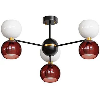 A series of designer chandeliers with two types of shades arranged in pairs