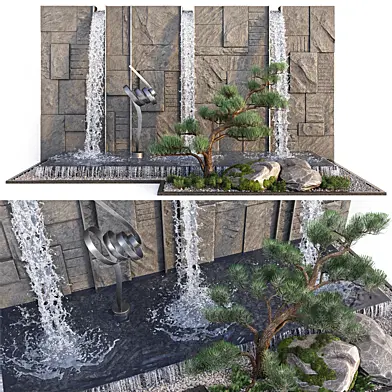 Waterfalls with Pine and Sculpture