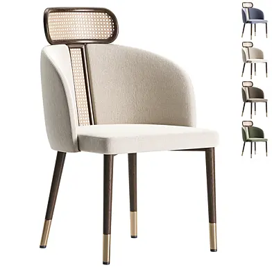 Mid Century Modern Off White Velvet Curved Back Rattan Dining Chairs