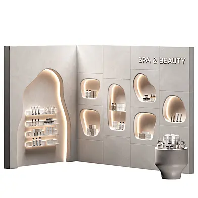 Modular Niche Shelves in the wall. Cosmetics shop. Backlit wavy beauty salon.