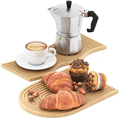 ripple wooden tray of coffee cakes and croissants