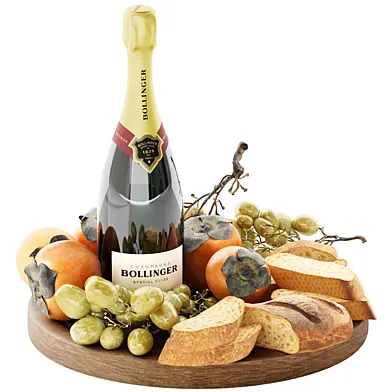 set of champagne fruits and breads