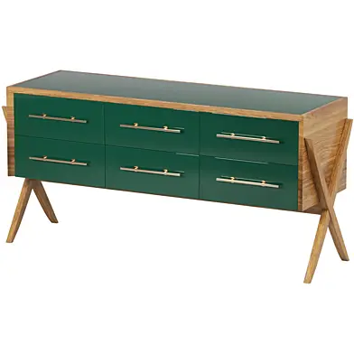 Italian Contemporary Green Murano Glass, Brass and Wood Dresser