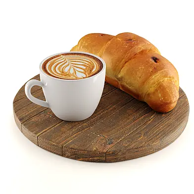 Croissant with Coffee Cup on Wooden Board
