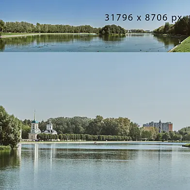 Летняя городская панорама. Парк Кусково Москва. Озеро