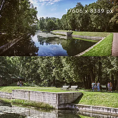 Летняя городская панорама. Парк Кусково Москва. Озеро