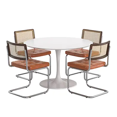 Стол Tulip 120, Стул Thonet S32 SPV с кожаным сидением.