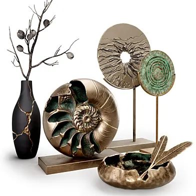 Decorative set Kintsugi Ammonite and Bronze Artefacts
